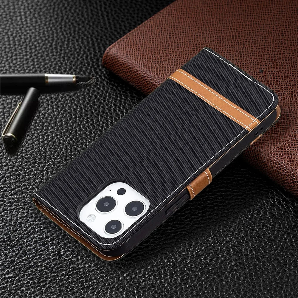 For iPhone 13 Pro Max 6.7 inch Wallet Design Drop-Proof Jeans Cloth Splicing Leather Stand Phone Cover - Black - 7
