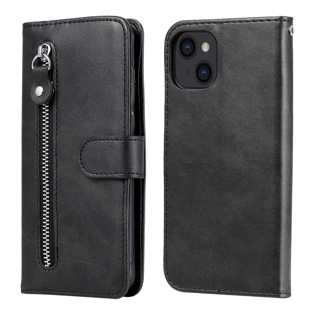 Full Protective Zipper Pocket Leather Wallet Phone Shell for iPhone 13 6.1 inch - Black - 1