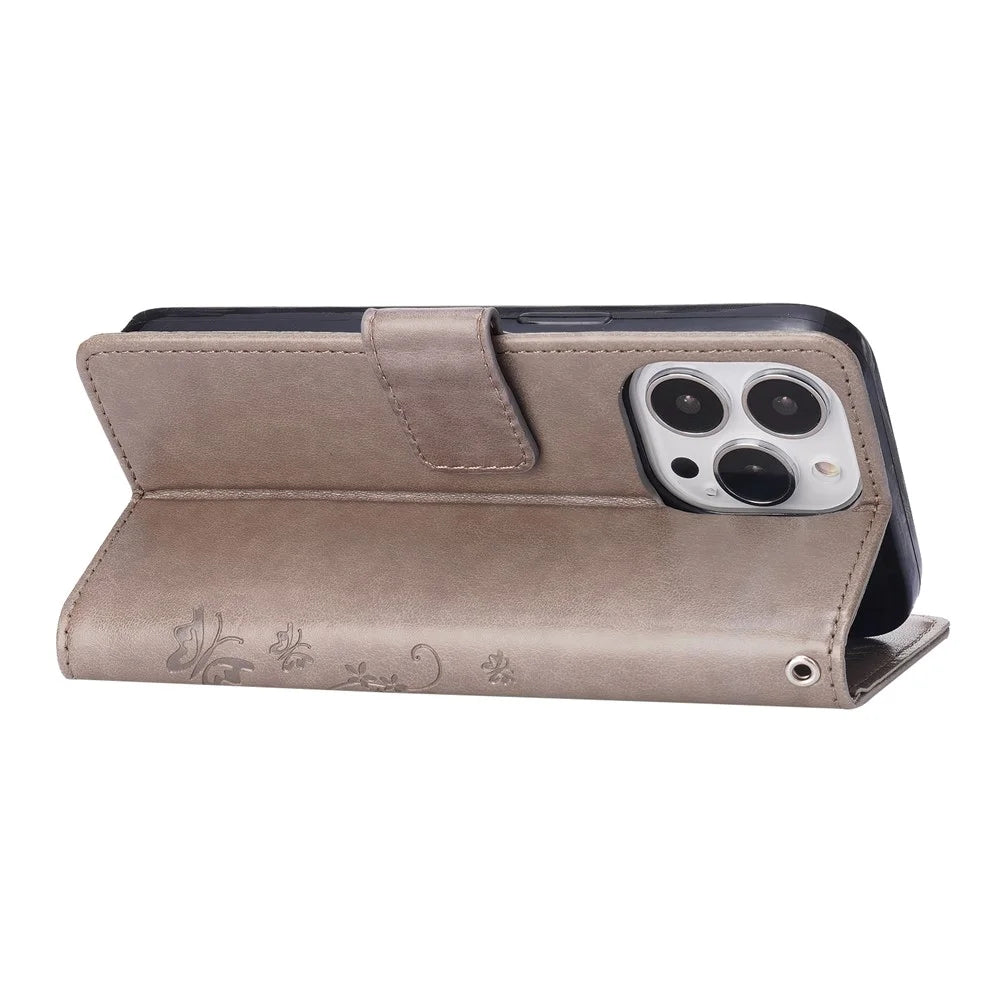 Well-protected PU Leather Butterflies Pattern Imprint Wallet Card Slots Phone Stand Case for iPhone 13 Pro 6.1 inch - Grey - 4