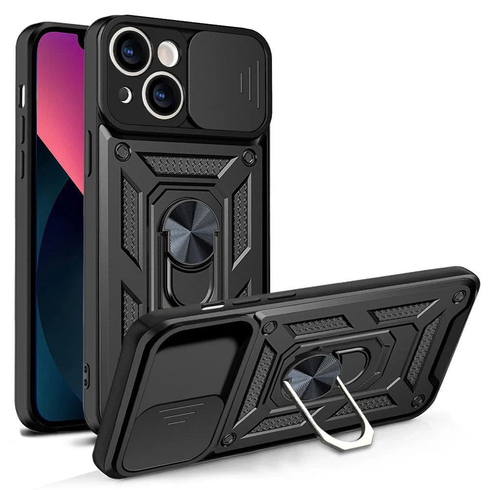 All-round Protective Camera Slide Phone Anti-fall Case Back Shell with Kickstand for iPhone 13 mini 5.4 inch - Black - 1