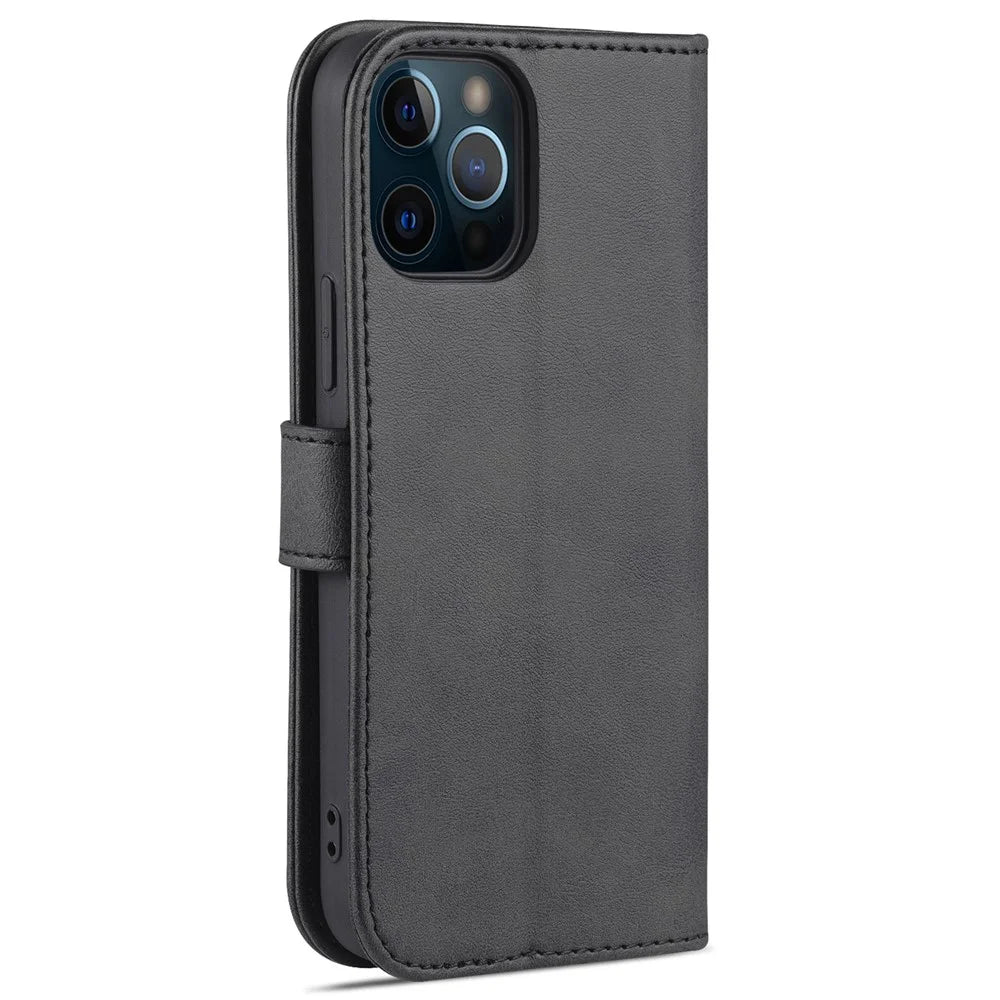 AZNS PU Leather Folio Flip Supporting Stand Wallet Card Slots Design Phone Shell for iPhone 13 Pro 6.1 inch - Black - 3