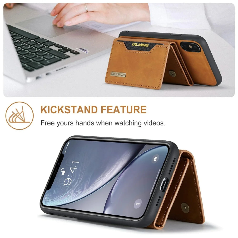 DG.MING M2 Series Magnetic Shockproof Wallet Design Leather Coated Hybrid Case with Kickstand for iPhone XS Max 6.5 inch - Brown - 2