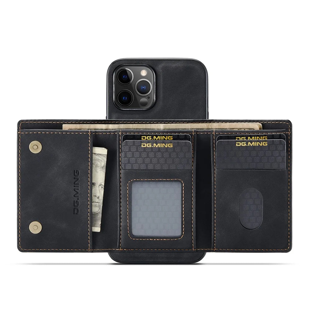 DG.MING M1 Series Wireless Charging Leather Coated TPU + PC Magnet Absorption Wallet Hybrid Cover Shell with Kickstand for iPhone 13 Pro 6.1 inch - Black - 6