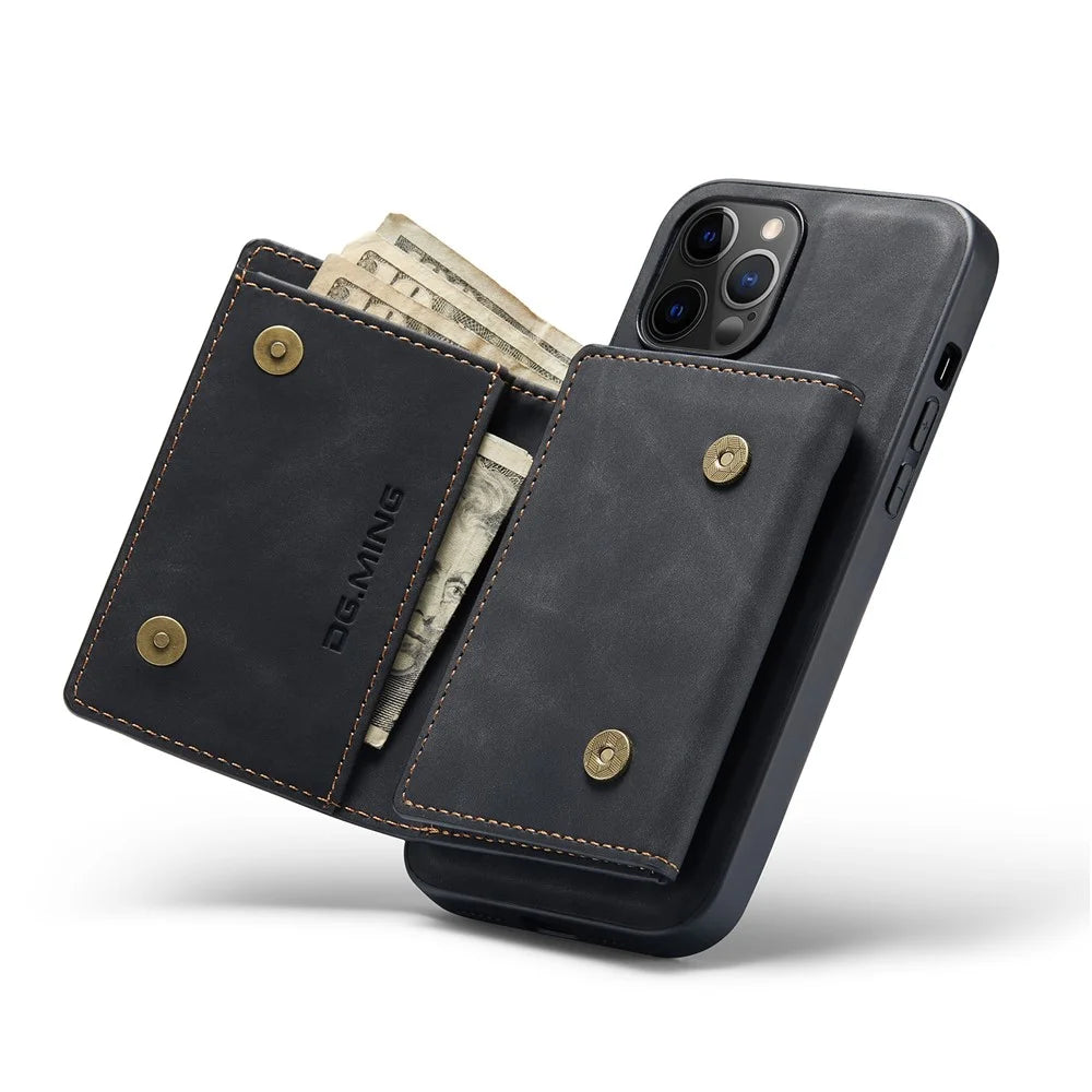 DG.MING M1 Series Wireless Charging Detachable Wallet Leather Hybrid Cover Shell with Kickstand for iPhone 13 Pro Max 6.7 inch - Black - 6