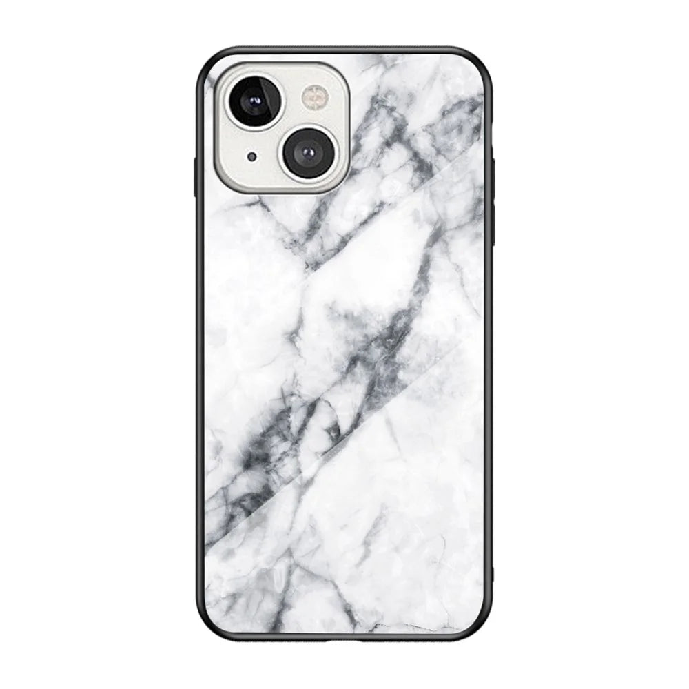 Marble Design Luxury Tempered Glass Back Cover Slim Fit Shockproof TPU Edge Protective Case for iPhone 13 6.1 inch - White Marble - 1