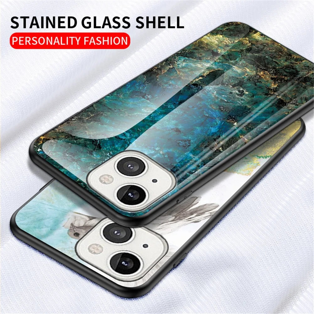 Marble Design Luxury Tempered Glass Back Cover Slim Fit Shockproof TPU Edge Protective Case for iPhone 13 6.1 inch - White Marble - 2