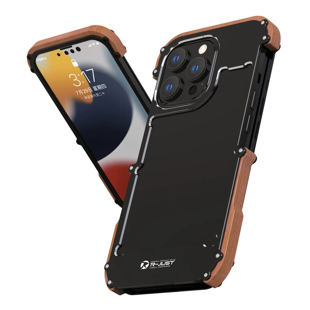 R-JUST Ultra Thin Aluminum Alloy Wood Metal Cover Protective Case Shockproof Bumper Frame for iPhone 13 Pro Max 6.7 inch - Black - 6