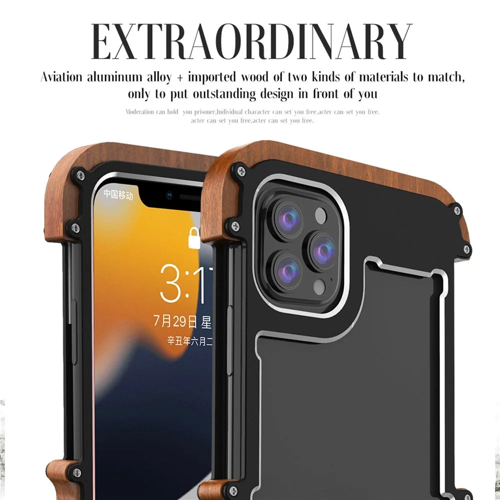 R-JUST Classical Shockproof Cell Phone Case Wood + Aluminium Alloy Frame Protector Bumper for Apple iPhone 13 6.1 inch - Black - 3