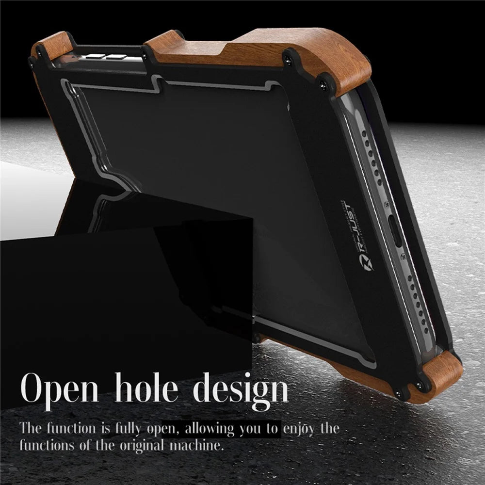 R-JUST Classical Shockproof Cell Phone Case Wood + Aluminium Alloy Frame Protector Bumper for Apple iPhone 13 6.1 inch - Black - 5