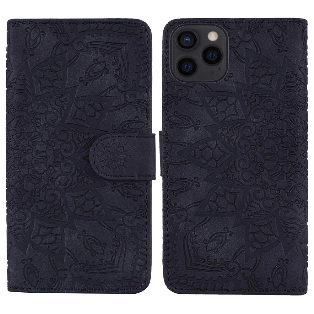 Imprint Flower Design PU Leather Flip Wallet Bookstyle Magnetic Stand Protection Cover for iPhone 13 Pro Max 6.7 inch - Black - 1