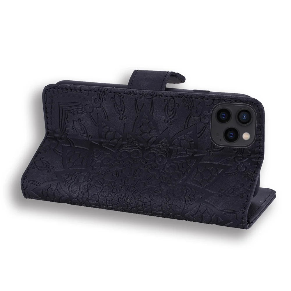 Imprint Flower Design PU Leather Flip Wallet Bookstyle Magnetic Stand Protection Cover for iPhone 13 Pro Max 6.7 inch - Black - 6