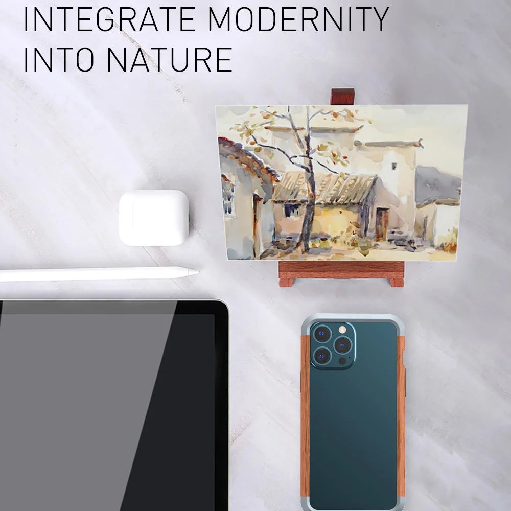 R-JUST Real Nature Stylish Wood + Aluminum Alloy Metal Bumper Frame Ultra Slim Shockproof Protective Case for iPhone 13 Pro 6.1 inch - 6