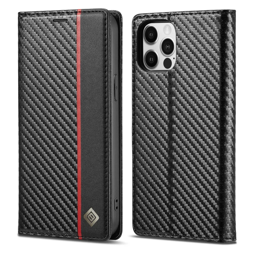 LC.IMEEKE Carbon Fiber Texture Splicing Wallet Design Leather Phone Cover Shell for iPhone 13 Pro Max 6.7 inch - Vertical Red Stripe - 1
