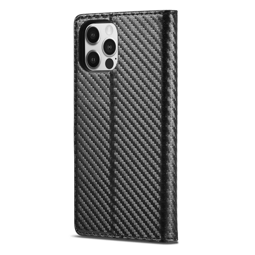 LC.IMEEKE Carbon Fiber Texture Splicing Wallet Design Leather Phone Cover Shell for iPhone 13 Pro Max 6.7 inch - Vertical Red Stripe - 2