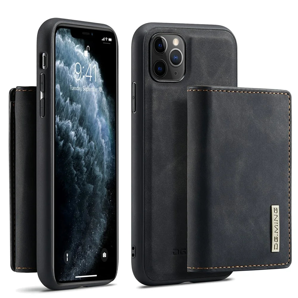 DG.MING M1 Series Phone Case PU + TPU + PC Back Cover with Magnetic Tri-Fold Wallet Kickstand for iPhone 11 Pro 5.8 inch - Black - 1