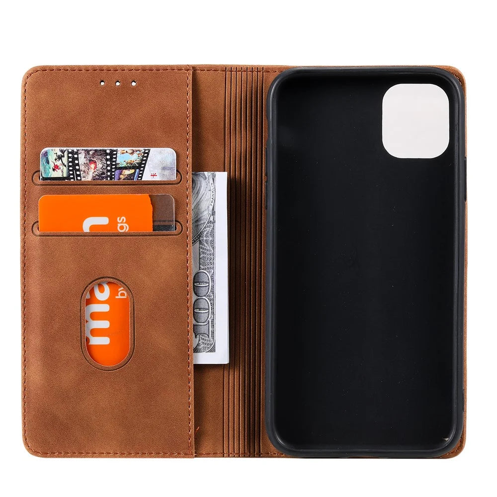 001 Series Auto-absorbed Skin-touch Feeling Leather Full-Protection Wallet Phone Case for iPhone 13 mini 5.4 inch - Brown - 4