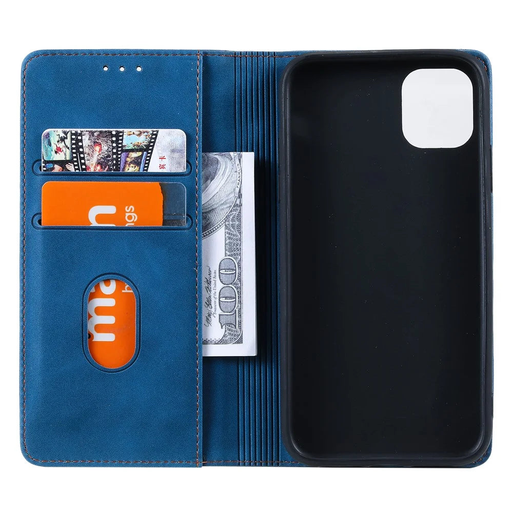 001 Series Auto-absorbed Skin-touch Feeling Leather Well-protected Wallet Phone Case for iPhone 13 6.1 inch - Blue - 4