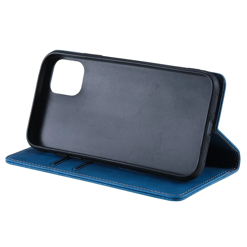 001 Series Auto-absorbed Skin-touch Feeling Leather Well-protected Wallet Phone Case for iPhone 13 6.1 inch - Blue - 6