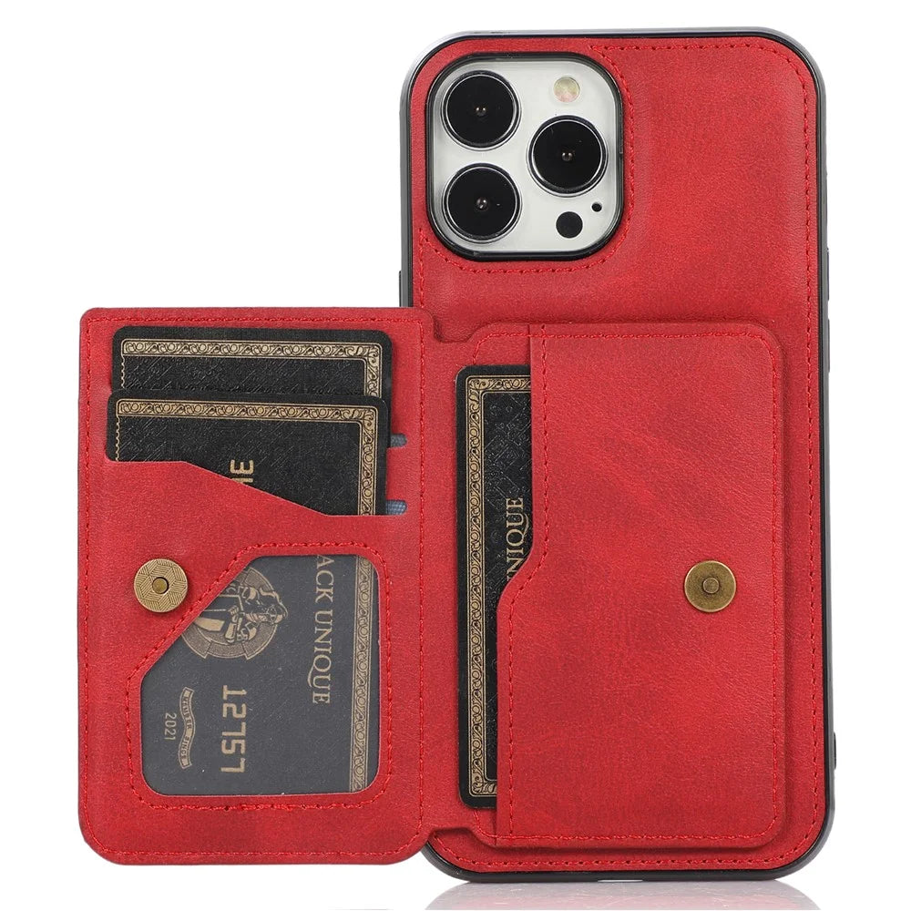 Anti-Drop Card Holders PU Leather Coated PC TPU Hybrid Shell [Built-In Magnetic Metal Sheet] for iPhone 13 Pro 6.1 inch - Red - 1