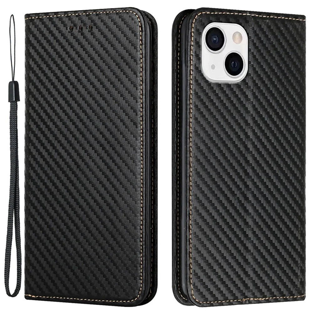 Solid Color Carbon Fiber Texture Auto-absorbed Leather Phone Cover Case with Wallet Stand for iPhone 13 6.1 inch - Black - 1