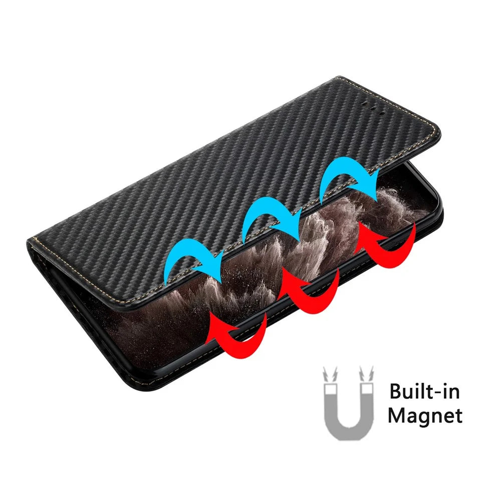 Solid Color Carbon Fiber Texture Auto-absorbed Leather Phone Cover Case with Wallet Stand for iPhone 13 6.1 inch - Black - 2