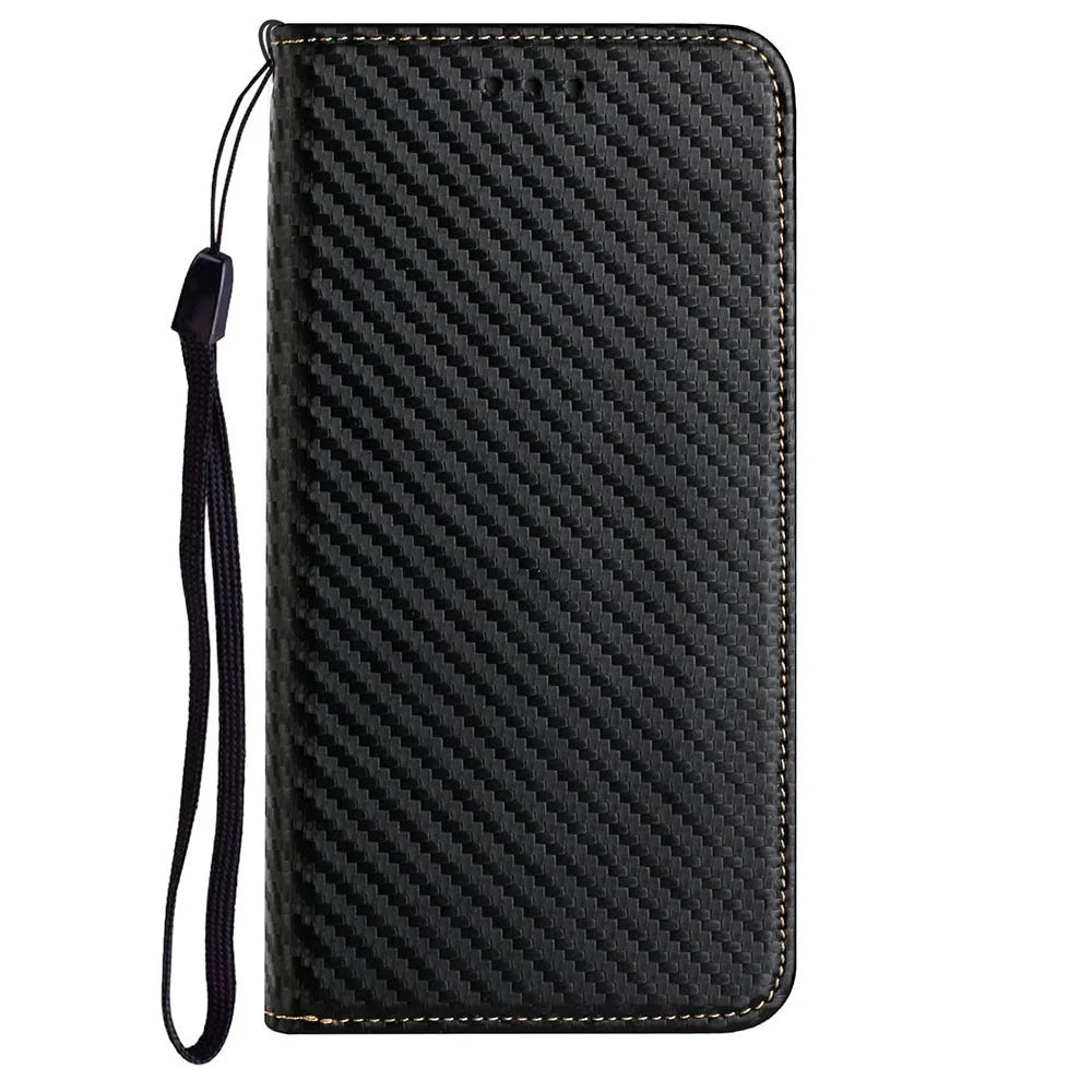 Solid Color Carbon Fiber Texture Auto-absorbed Leather Phone Cover Case with Wallet Stand for iPhone 13 6.1 inch - Black - 6