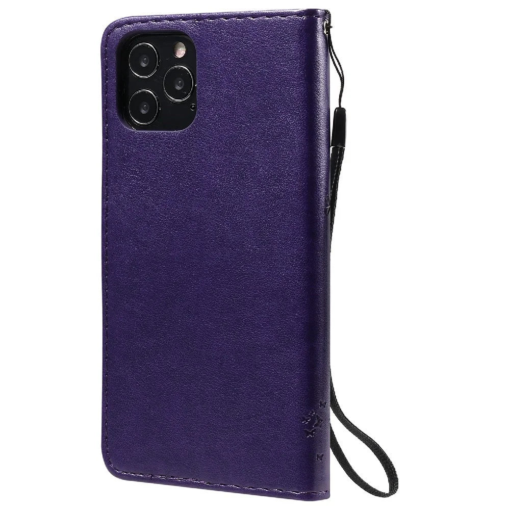 For iPhone 12 / 12 Pro Phone Case with Stand Cat Tree Pattern Leather Wallet Mobile Cover - Purple - 3