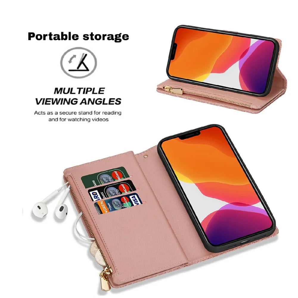 Glittery Starry Style Laser Carving Zipper Wallet Stand Full-Protection Leather Phone Case Cover for iPhone 13 6.1 inch - Rose Gold - 2