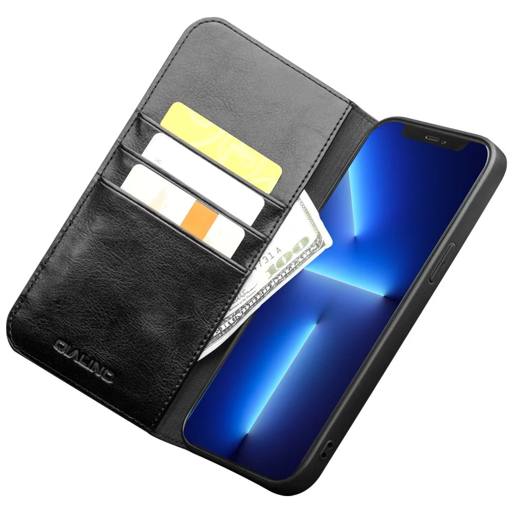 QIALINO For iPhone 13 Pro 6.1 inch Wallet Stand Phone Cover Top Layer Cowhide Leather + TPU Cover Shell - Black - 2
