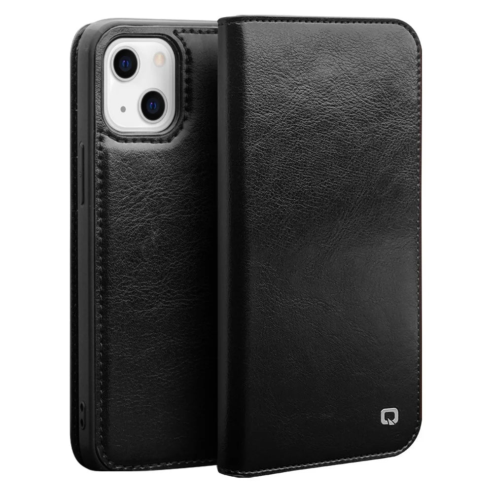 QIALINO For iPhone 13 mini 5.4 inch Top Layer Cowhide Leather All-round Protection Phone Case Stand Shell with Wallet - Black - 1