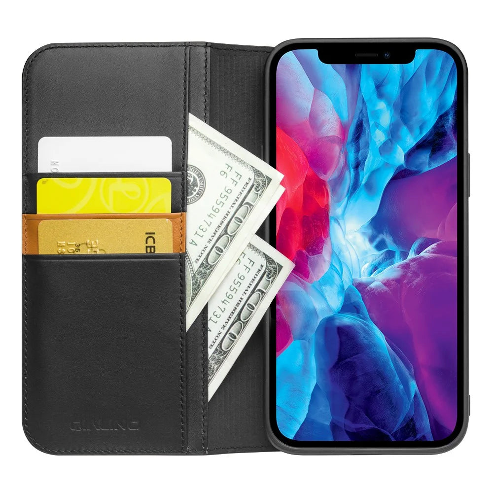 QIALINO Wallet Case Stand Genuine Cow Leather Flip Phone Cover for iPhone 13 Pro 6.1 inch - Black - 3