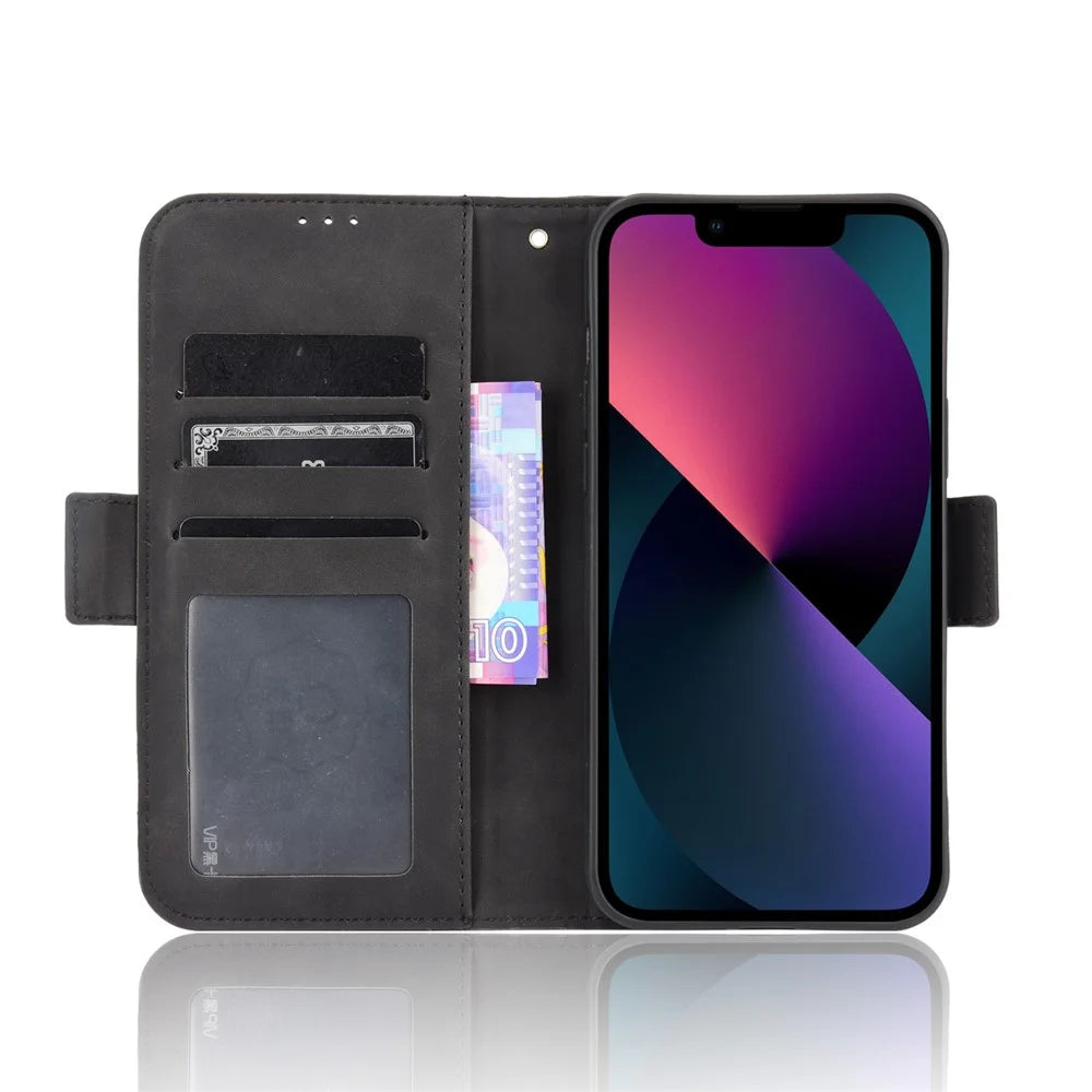 Multiple Card Slot Wallet Design Full Protection Leather Phone Cover with Stand for iPhone 13 6.1 inch - Black - 4