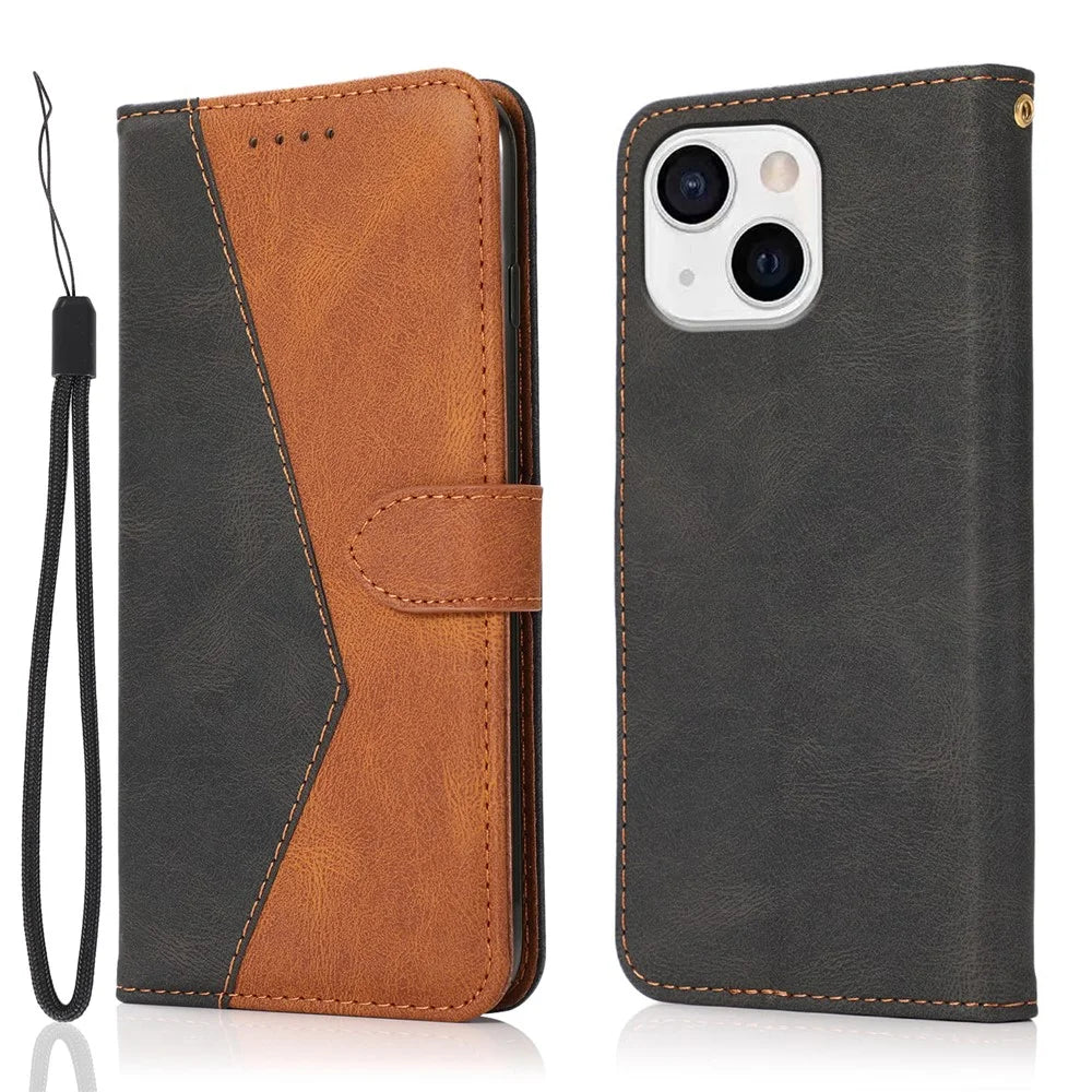 Dual Color Wallet Stand Flip Leather Phone Cover with Magnetic Closure for iPhone 13 mini 5.4 inch - Black/Brown - 1