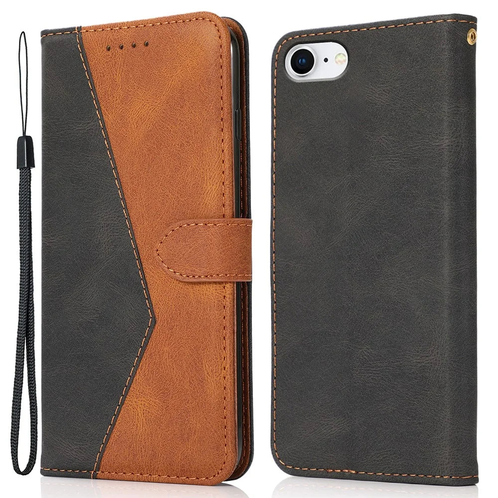 Anti-Drop Anti-Scratch Dual Color Wallet Stand Design Leather Phone Case with Handy Strap for iPhone SE (2022)/SE (2020)/8/7/6 - Black/Brown - 1