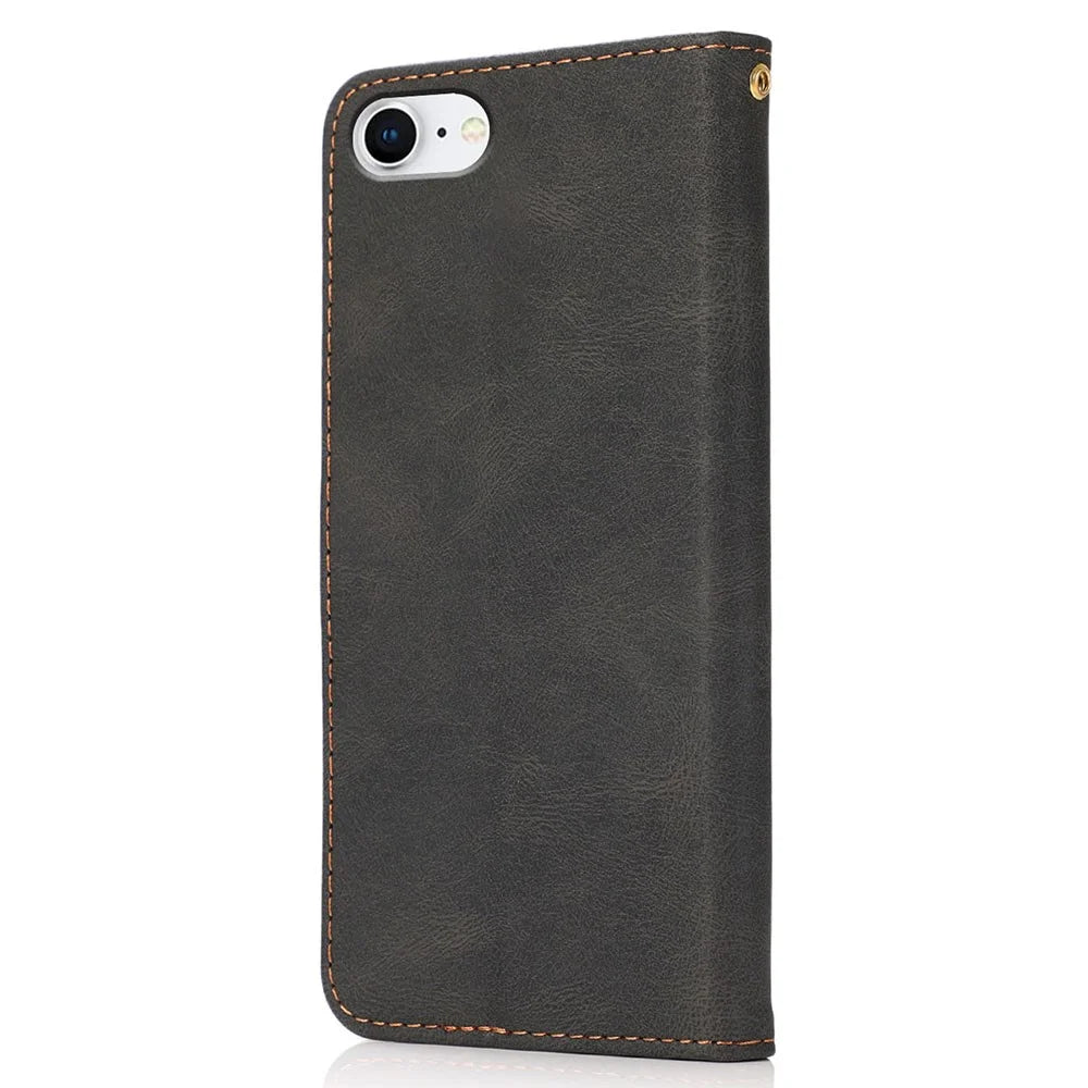 Anti-Drop Anti-Scratch Dual Color Wallet Stand Design Leather Phone Case with Handy Strap for iPhone SE (2022)/SE (2020)/8/7/6 - Black/Brown - 3