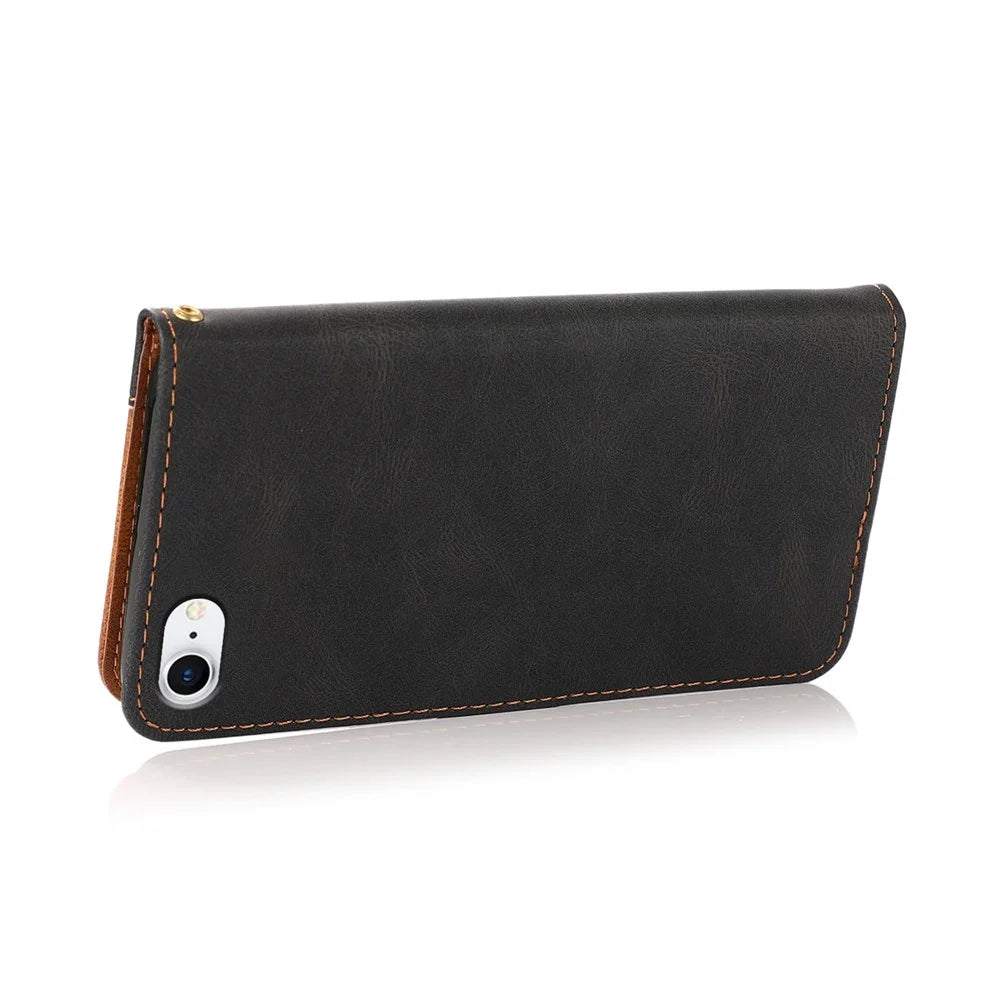Anti-Drop Anti-Scratch Dual Color Wallet Stand Design Leather Phone Case with Handy Strap for iPhone SE (2022)/SE (2020)/8/7/6 - Black/Brown - 4