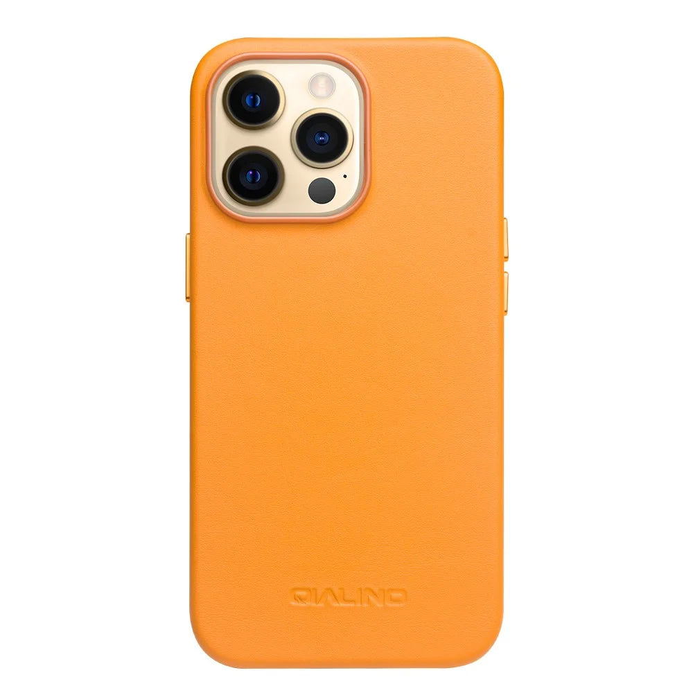 QIALINO For iPhone 13 Pro 6.1 inch Cowhide Leather Coated PC Cover Magnetic Phone Case Compatible with MagSafe Charging - Orange - 1