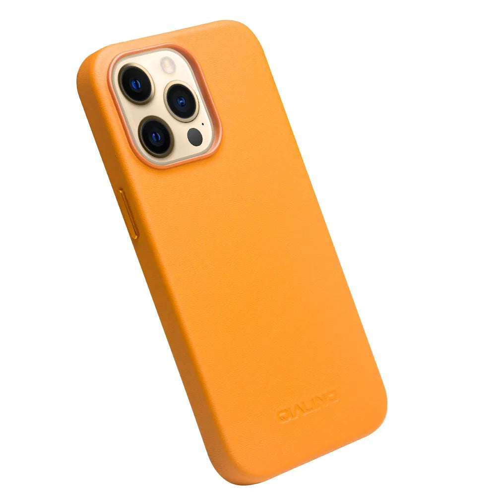 QIALINO For iPhone 13 Pro 6.1 inch Cowhide Leather Coated PC Cover Magnetic Phone Case Compatible with MagSafe Charging - Orange - 3