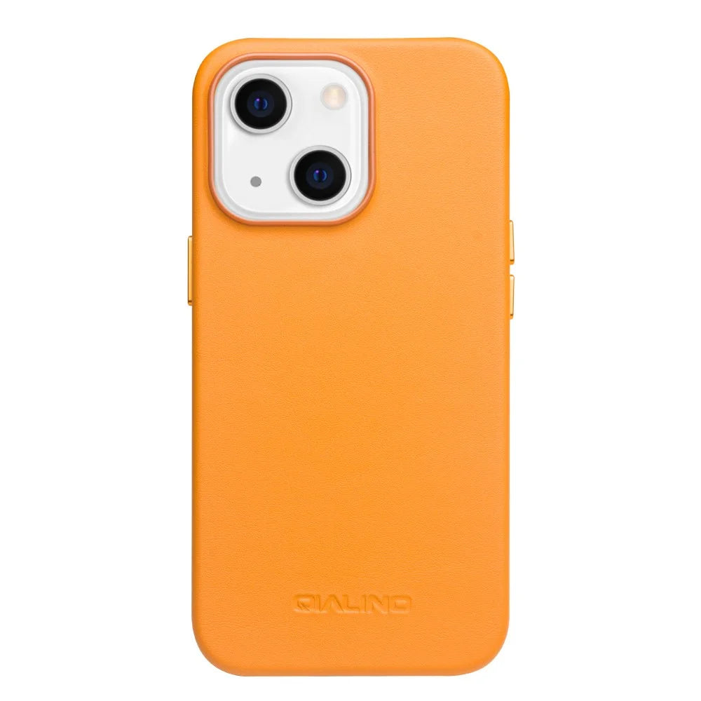 QIALINO Magnetic Charging Cowhide Leather Coated PC Phone Cover Shell for iPhone 13 6.1 inch - Orange - 1