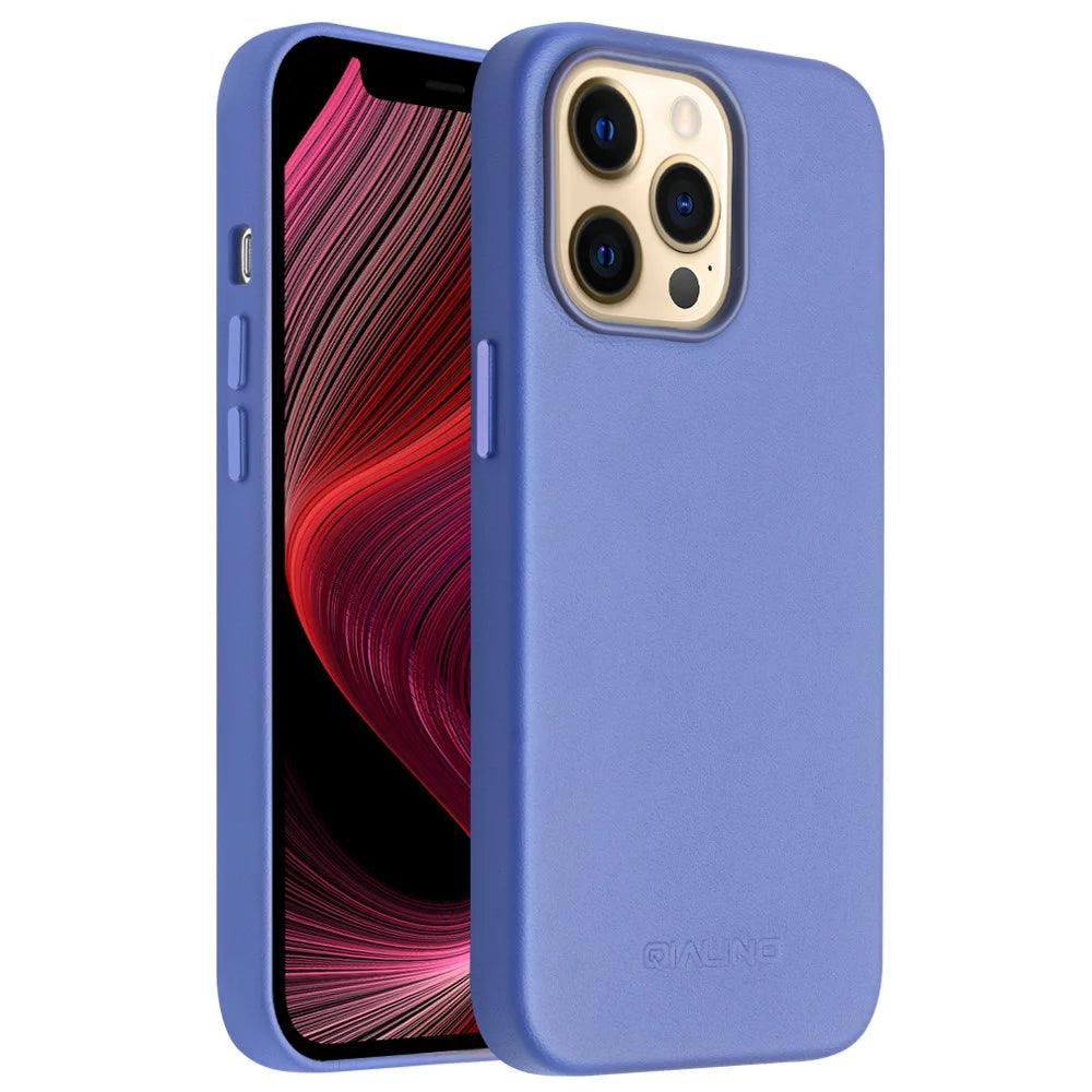 QIALINO Cowhide Leather Coated Protective Phone Case Shell Compatible with MagSafe Charging for iPhone 13 Pro Max 6.7 inch - Blue - 2