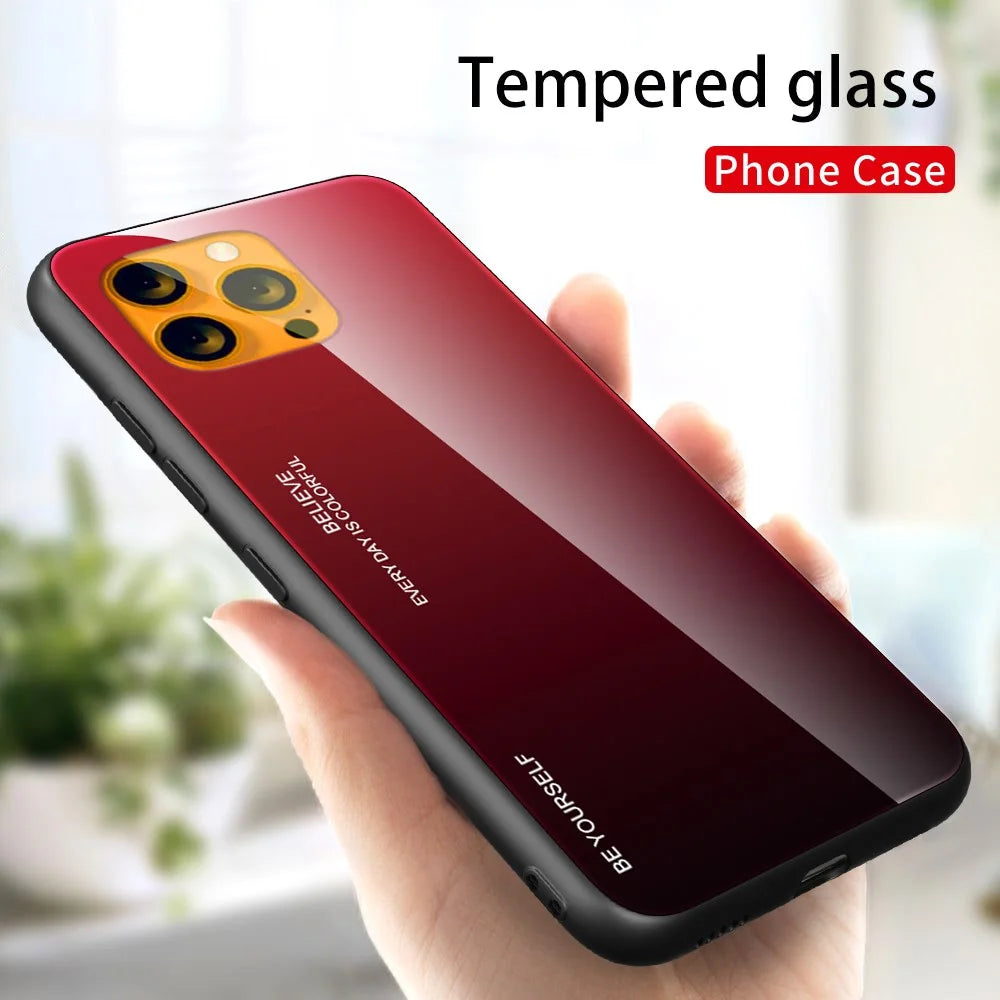 Stylish Gradient 9H Hardness Tempered Glass + TPU Wear-Resistant Anti-Fall Thin Light Hybrid Phone Cover for iPhone 13 mini 5.4 inch - Red+Black - 2