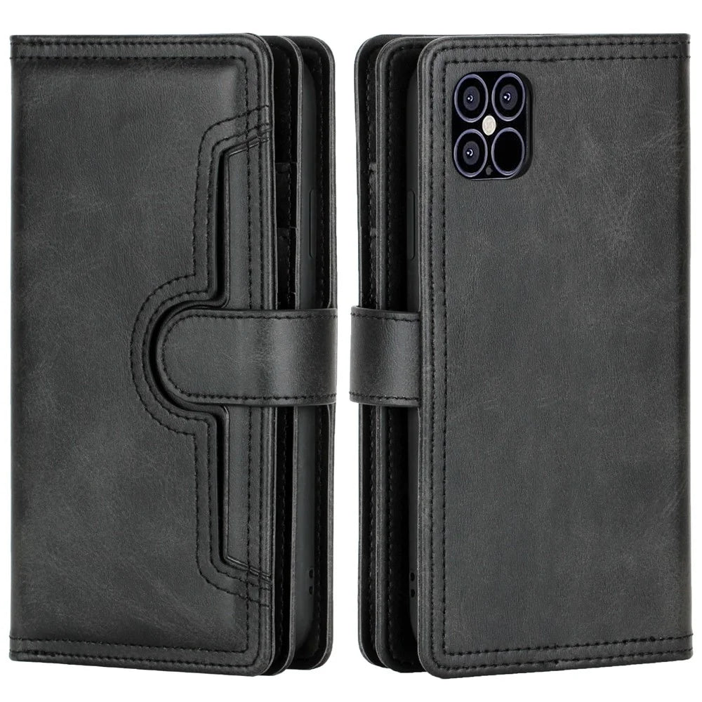 Multiple Card Slots Split Leather Phone Stand Case Cover with Strap for iPhone 13 6.1 inch - Black - 1