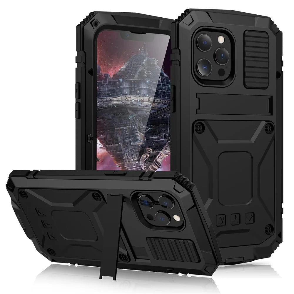 R-JUST Kickstand Slim Armor Anti-Shock Soft Silicone Hard PC Metal Back Phone Cover for iPhone 13 6.1 inch - Black - 1