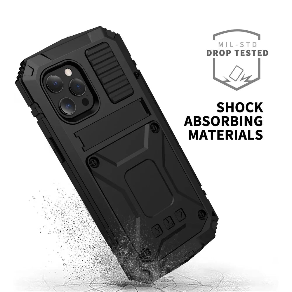 R-JUST Kickstand Slim Armor Anti-Shock Soft Silicone Hard PC Metal Back Phone Cover for iPhone 13 6.1 inch - Black - 2