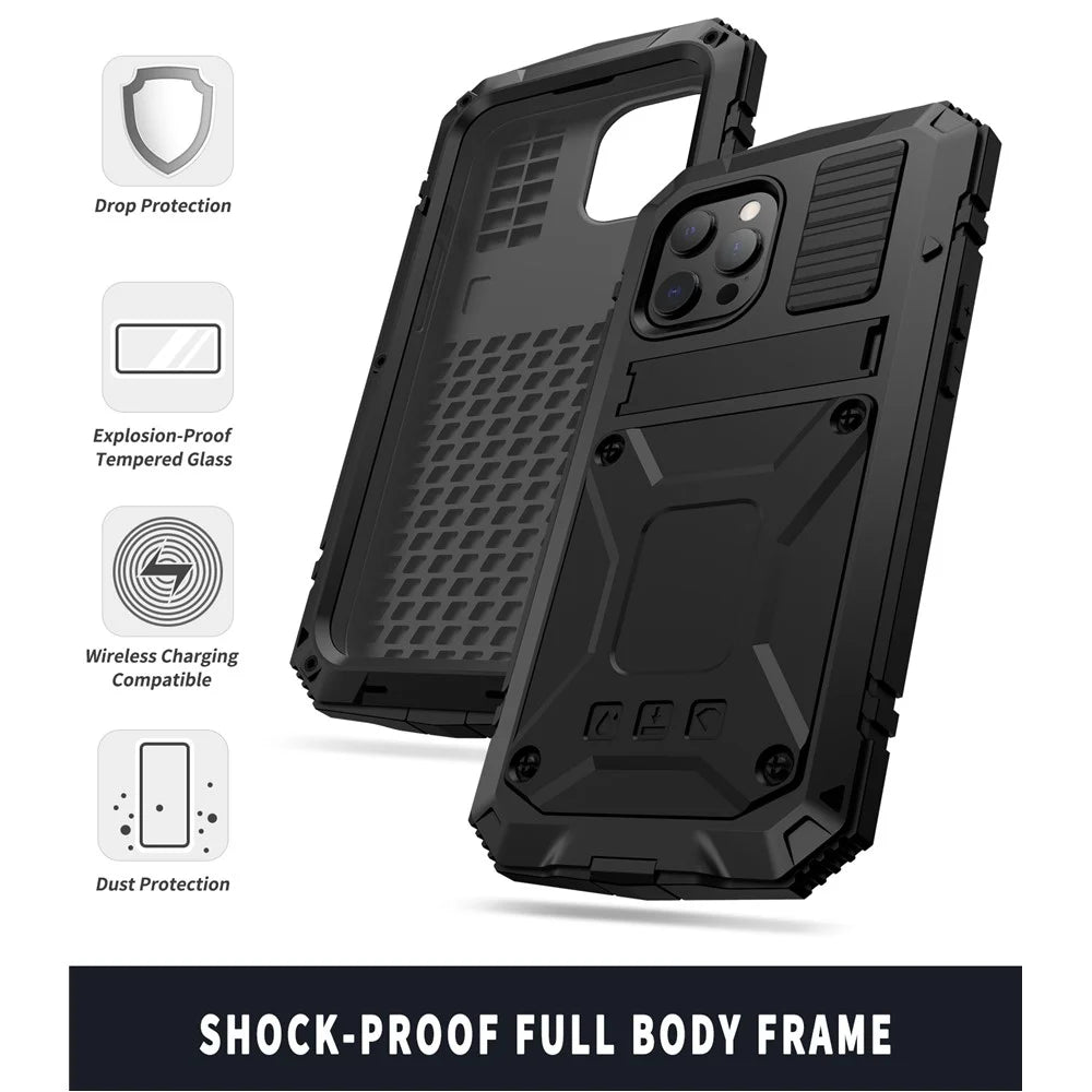 R-JUST Kickstand Slim Armor Anti-Shock Soft Silicone Hard PC Metal Back Phone Cover for iPhone 13 6.1 inch - Black - 3