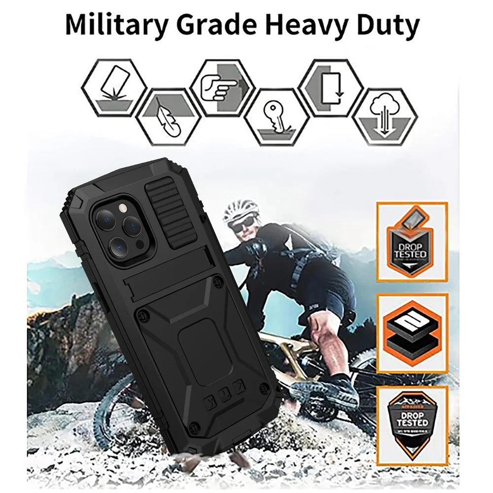 R-JUST Kickstand Slim Armor Anti-Shock Soft Silicone Hard PC Metal Back Phone Cover for iPhone 13 6.1 inch - Black - 5