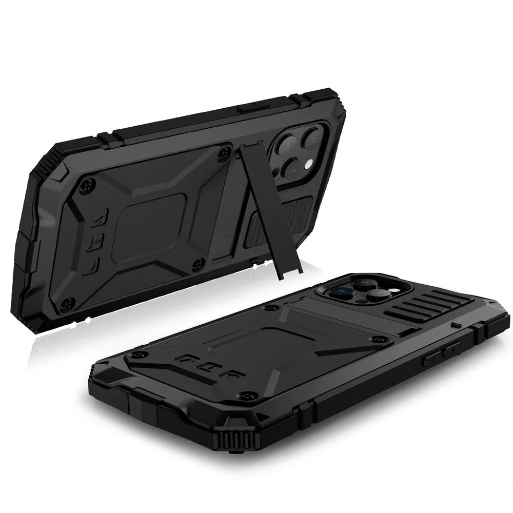 R-JUST Kickstand Slim Armor Anti-Shock Soft Silicone Hard PC Metal Back Phone Cover for iPhone 13 6.1 inch - Black - 6