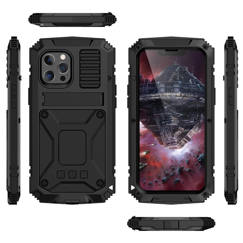 R-JUST Kickstand Slim Armor Anti-Shock Soft Silicone Hard PC Metal Back Phone Cover for iPhone 13 6.1 inch - Black - 7
