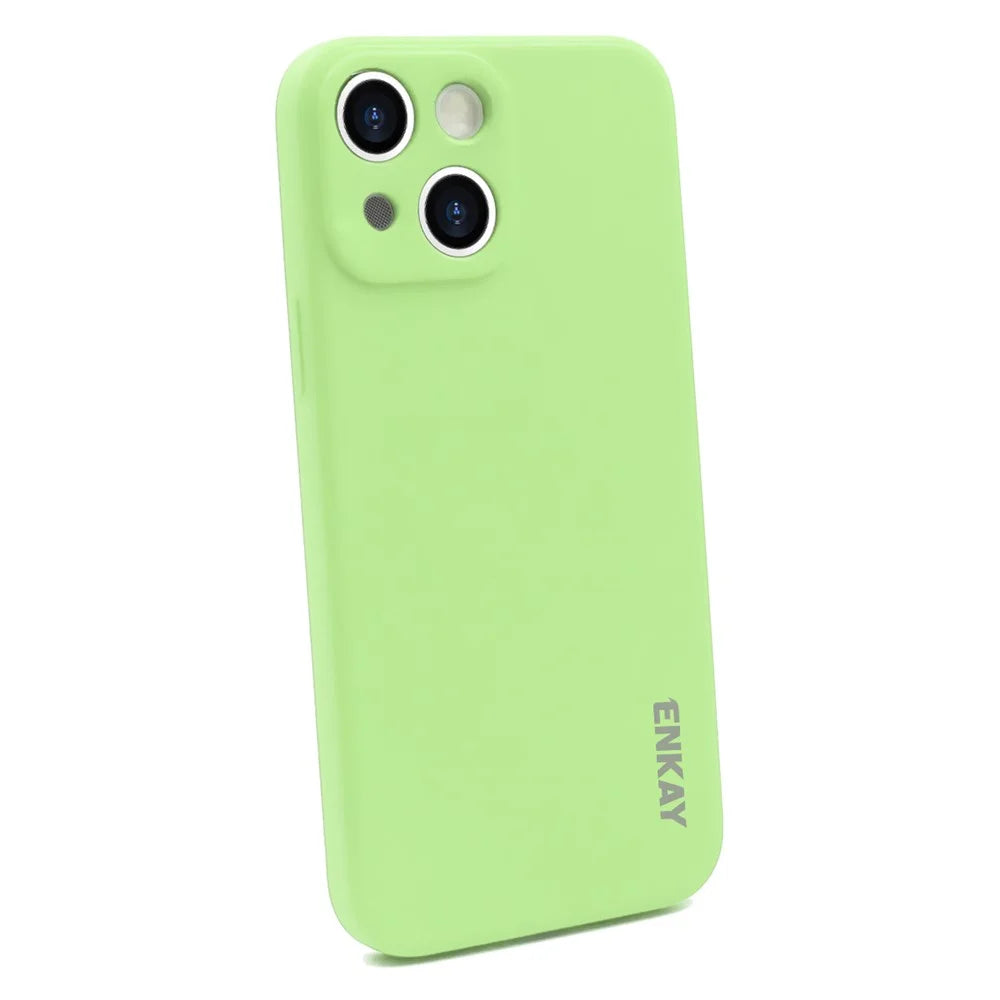 ENKAY HAT PRINCE Wear-Resistant Anti-Fall Solid Color Precise Hole Opening Liquid Silicone Phone Cover Case for iPhone 13 6.1 inch - Light Green - 1