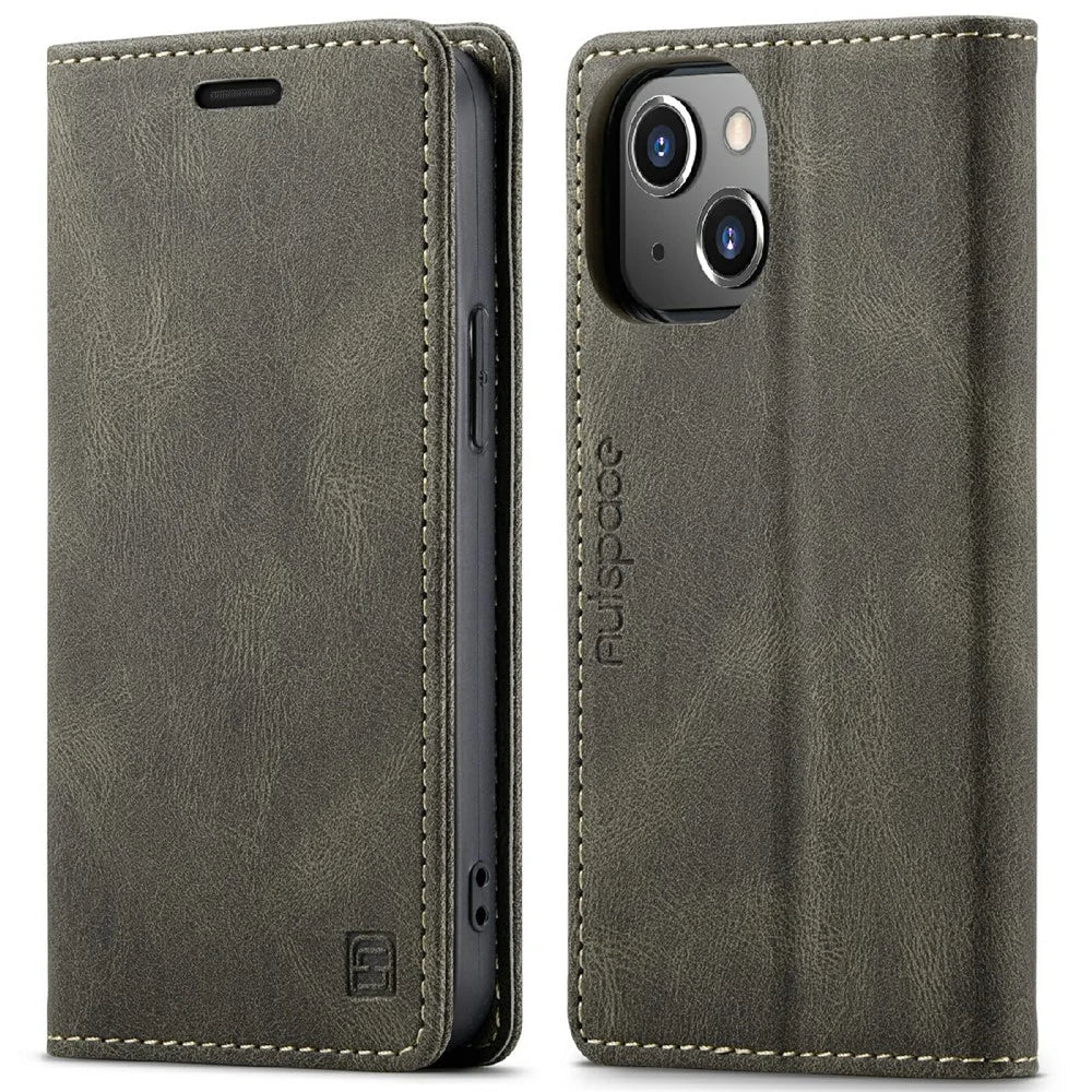 AUTSPACE A01 Series Premium Retro Matte PU Leather Wallet Flip Stand Cover with RFID Blocking Function for iPhone 13 mini 5.4 inch - Brown - 1